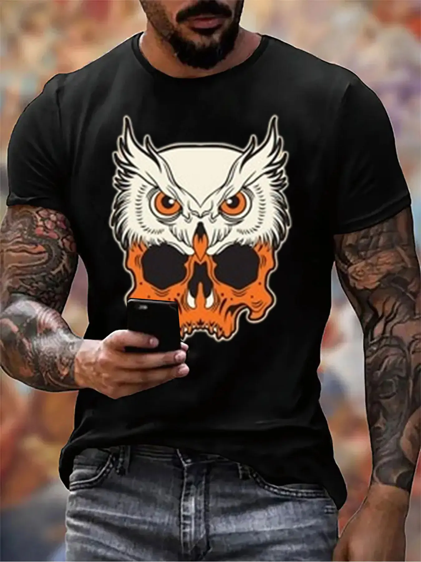 Men's Cotton Owl Skull Print Tee For Halloween Gift, Soft Crew Neck Shirt For Outdoor Activities, Top For Him
Men's Cotton Owl Skull Print Tee For Halloween Gift, Soft Crew Neck Shirt For Outdoor Activities, Top For Him