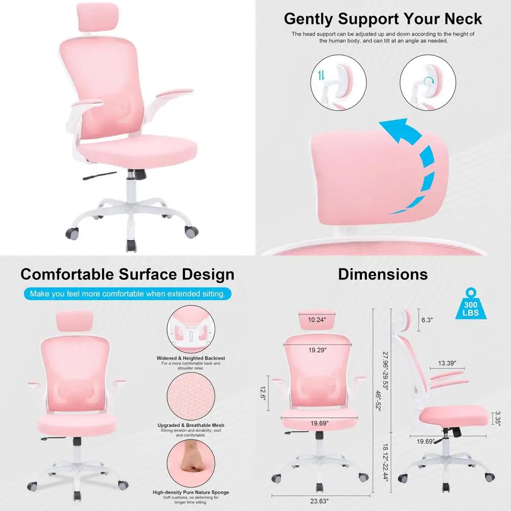 Ergonomic High-Back Mesh Office Chair with Flip-Up Armrests, Headrest, and Rolling Base - White & Pink
Ergonomic High-Back Mesh Office Chair with Flip-Up Armrests, Headrest, and Rolling Base - White & Pink