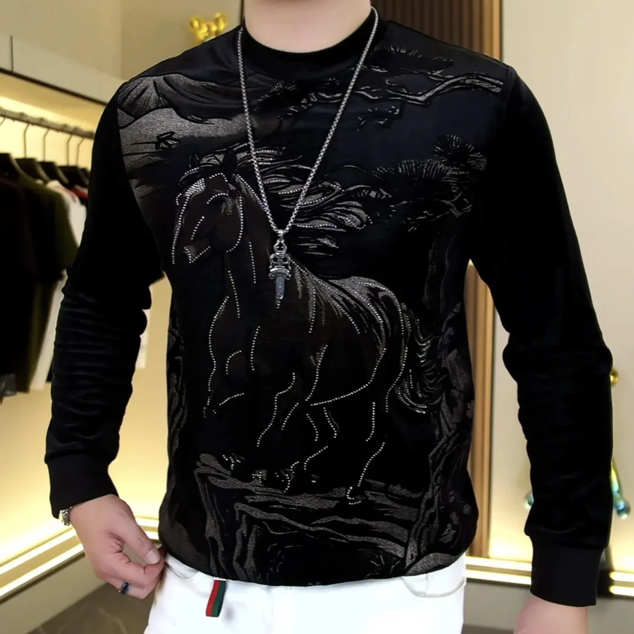 Faionable Velvet Long Sve Толстовка для мужчин круглый с принтом Diamond Embellied Slim Fit Осенняя одежда Повседневная уличная одежда
Faionable Velvet Long Sve Толстовка для мужчин круглый с принтом Diamond Embellied Slim Fit Осенняя одежда Повседневная уличная одежда