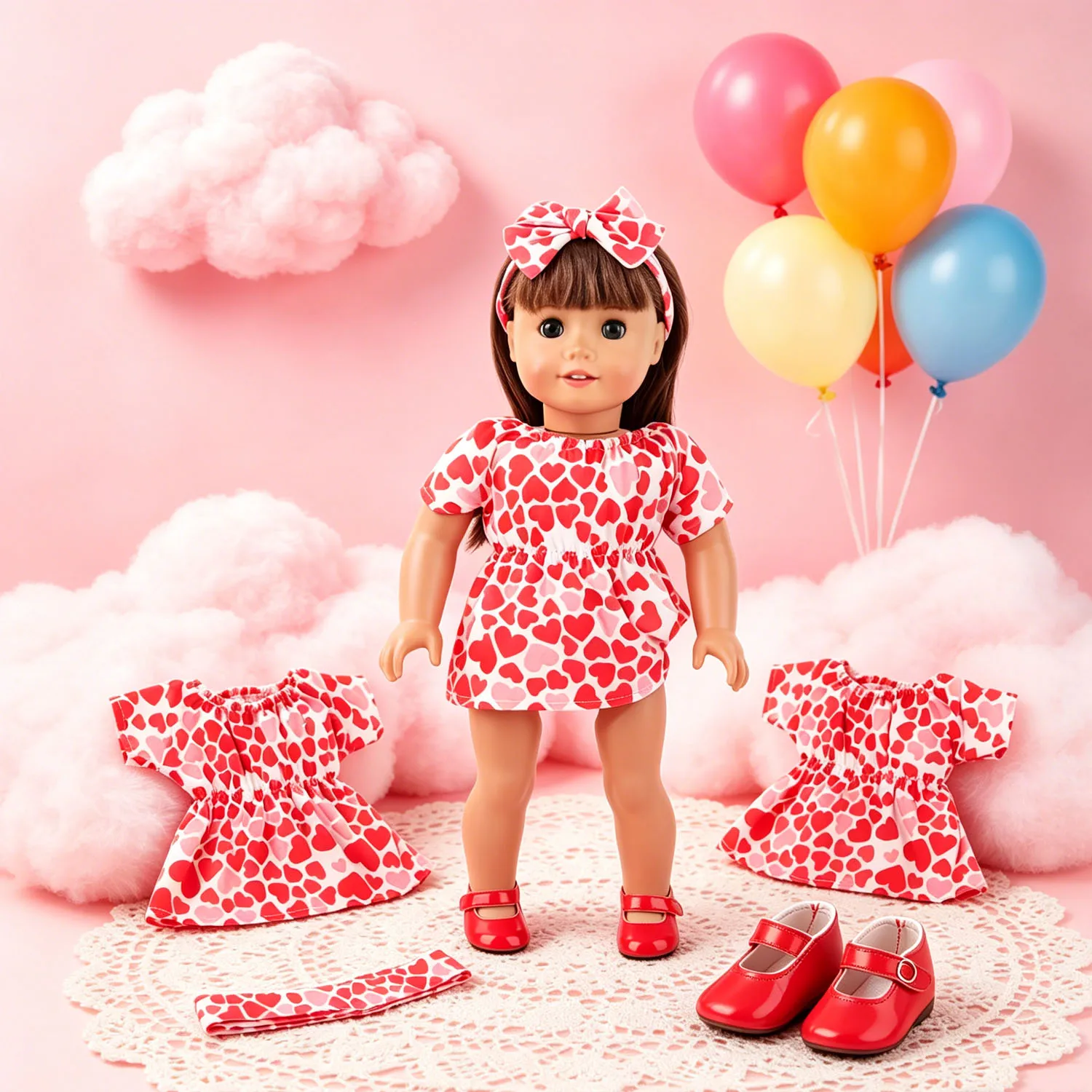 Valentine Heart Print Doll Dress Set with Bow Headband & Red Mary Jane Shoes for 18 Inch American & 43cm Baby Newborn Girl Dolls
Valentine Heart Print Doll Dress Set with Bow Headband & Red Mary Jane Shoes for 18 Inch American & 43cm Baby Newborn Girl Dolls