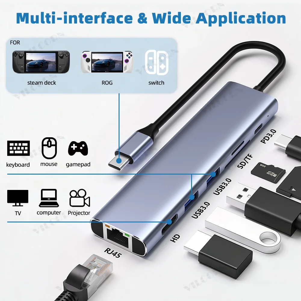 USB C Hub 7-in-1 TypeC 3.0 Docking Station 4K30Hz HD Adapter with RJ45&Card Reader&PD Fast Charge for MacBook Notebook Laptop
USB C Hub 7-in-1 TypeC 3.0 Docking Station 4K30Hz HD Adapter with RJ45&Card Reader&PD Fast Charge for MacBook Notebook Laptop