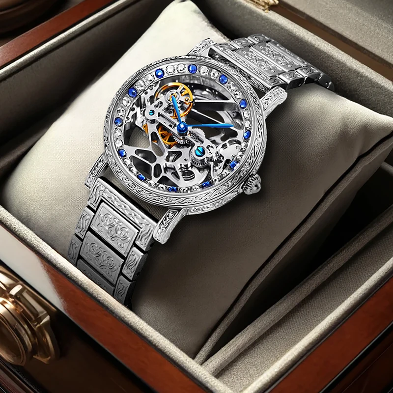 A men's business-casual niche style mechanical watch with a hollow silver-blue rhinestone carved steel band
A men's business-casual niche style mechanical watch with a hollow silver-blue rhinestone carved steel band