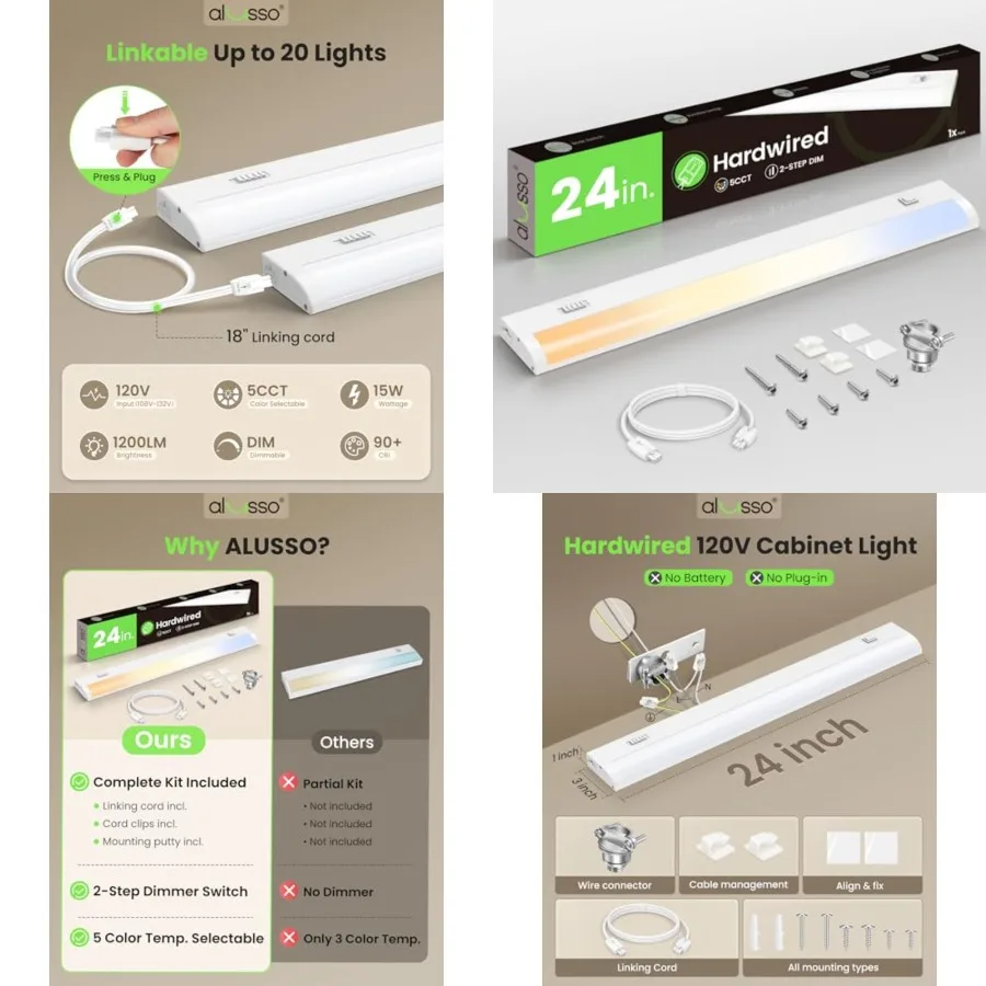 24 Inch LED Under Cabinet Lighting 120V, 5CCT Color Selectable 2700K-5000K Dimmable 15W 1200LM High Brightness, CRI 90+ Strip L
24 Inch LED Under Cabinet Lighting 120V, 5CCT Color Selectable 2700K-5000K Dimmable 15W 1200LM High Brightness, CRI 90+ Strip L