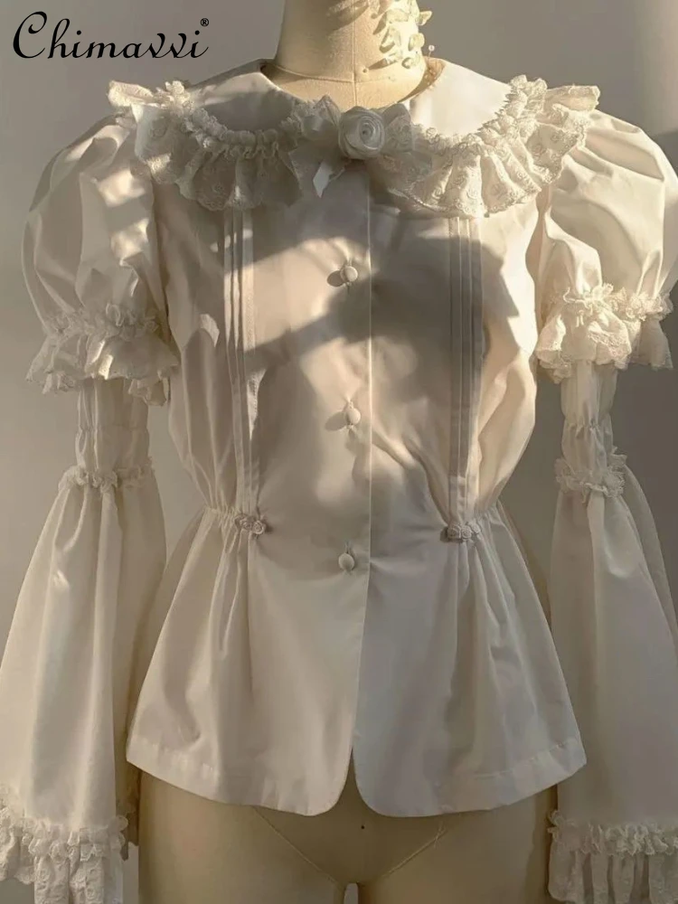 Lolita Style Doll Collar High Waist Flare Sleeve Women's Shirt 2023 Spring Autumn Lace Single Breasted Fashion Sweet Cute Blouse
Lolita Style Doll Collar High Waist Flare Sleeve Women's Shirt 2023 Spring Autumn Lace Single Breasted Fashion Sweet Cute Blouse