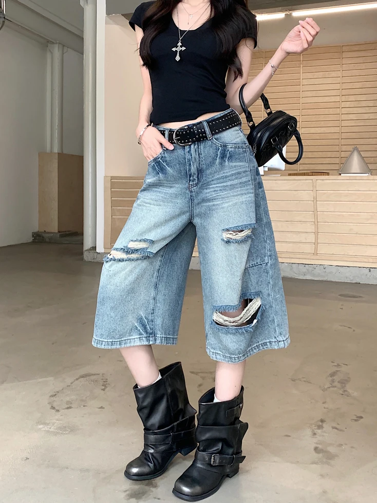 Retro American Washed Hole Denim Jeans Women's Summer Elegant Loose Straight Leg Pants High Waist Zipper Closure Blue
Retro American Washed Hole Denim Jeans Women's Summer Elegant Loose Straight Leg Pants High Waist Zipper Closure Blue