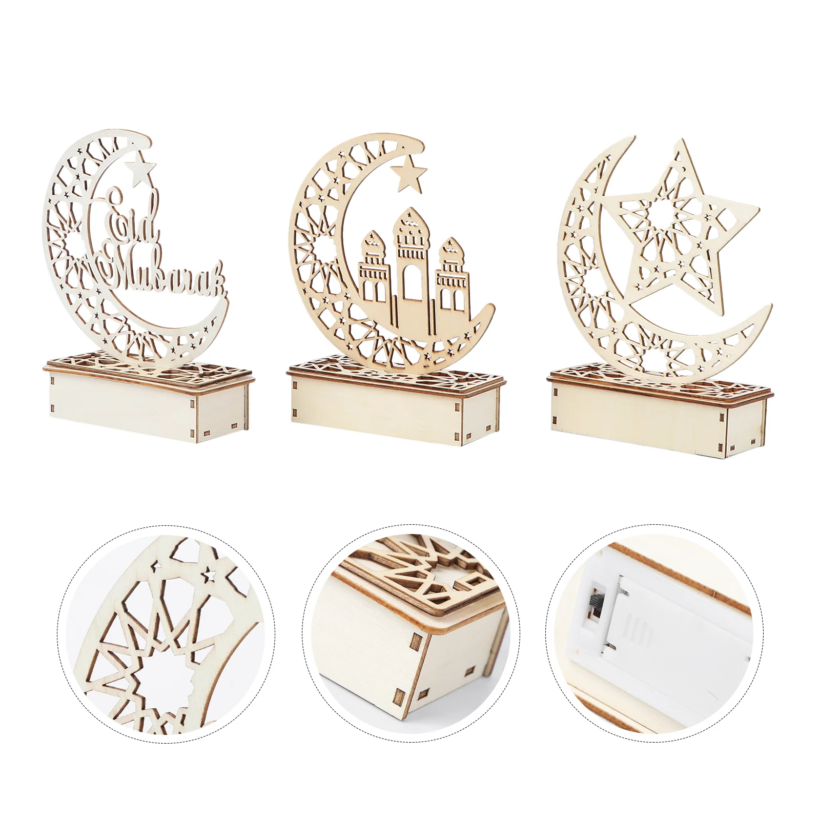 3pcs Eid Mubarak Desktop Adornment Hollow Wooden DIY LED Accessory Ramadan Festival Decoration for Home (No , Three Patte
3pcs Eid Mubarak Desktop Adornment Hollow Wooden DIY LED Accessory Ramadan Festival Decoration for Home (No , Three Patte