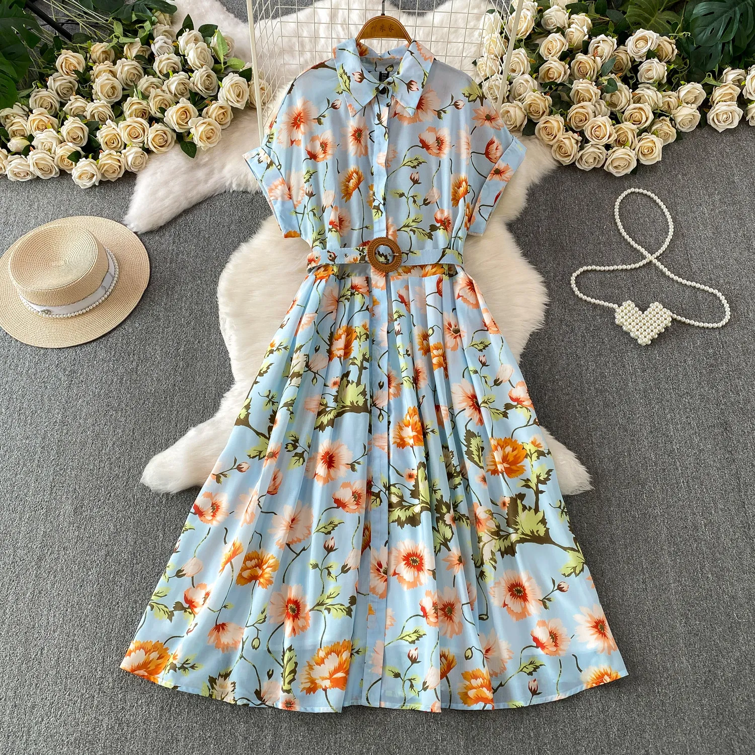 Elegant Floral Print Shirt Dress Women Short Sleeve Button Down Waist Belted Midi Dress For Summer Office Vacation Beach Holiday
Elegant Floral Print Shirt Dress Women Short Sleeve Button Down Waist Belted Midi Dress For Summer Office Vacation Beach Holiday