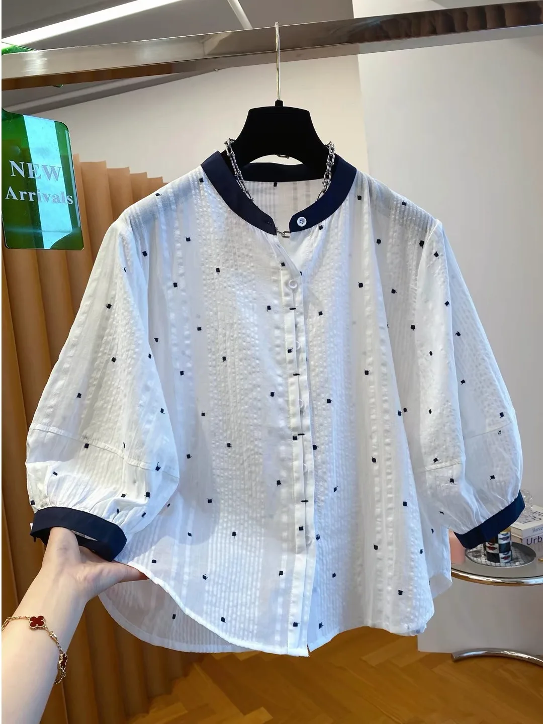 Elegant White Polka Dot Loose Fit Shirt for Women Summer Season Casual Wear Cotton Blend Button Detail And Pear Body Types
Elegant White Polka Dot Loose Fit Shirt for Women Summer Season Casual Wear Cotton Blend Button Detail And Pear Body Types