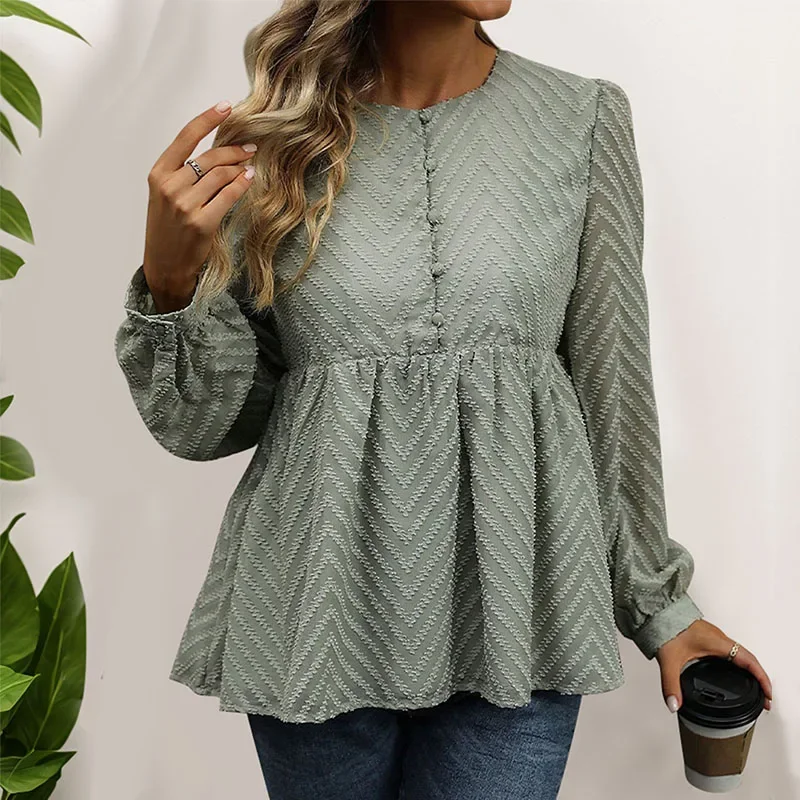 O-Neck Button Front Peplum Top Blouse Women's Autumn New Long Sleeve Elegant Office Ladies Loose Jacquard Shirt
O-Neck Button Front Peplum Top Blouse Women's Autumn New Long Sleeve Elegant Office Ladies Loose Jacquard Shirt