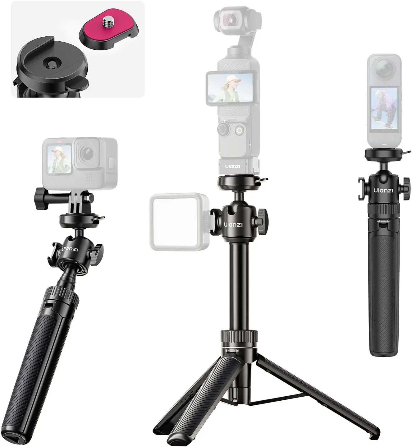 2-in-1 Tripod & Selfie Stick with CKA Quick Release, Extends 8.5"-24.4", Supports 3.3 lbs, Universal 1/4" & GoPro Mount
2-in-1 Tripod & Selfie Stick with CKA Quick Release, Extends 8.5"-24.4", Supports 3.3 lbs, Universal 1/4" & GoPro Mount