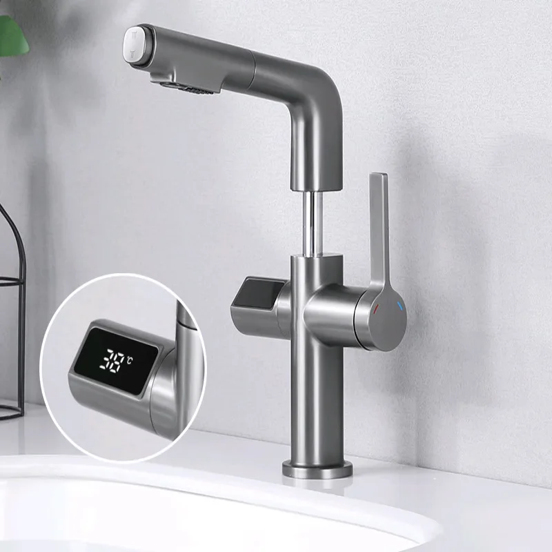 Copper Gun Gray Basin Faucet Cold&Hot Water Washbasin Digital Display Single Hole Single Handle Lifting Rotating Bathroom Mixer
Copper Gun Gray Basin Faucet Cold&Hot Water Washbasin Digital Display Single Hole Single Handle Lifting Rotating Bathroom Mixer