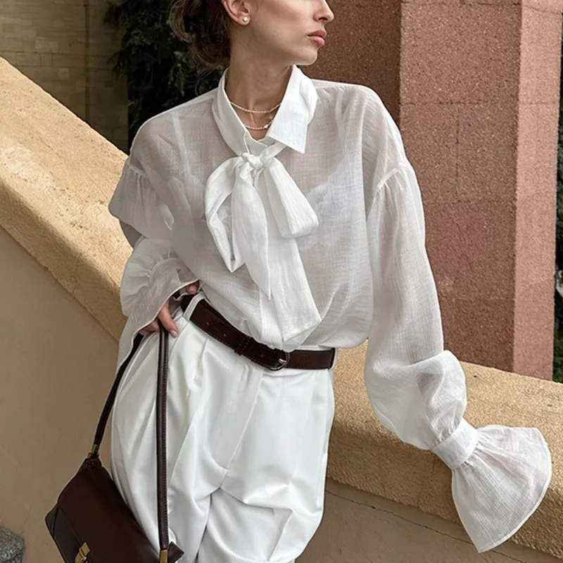 Talenza White Lace-up Blouses Women's Elegant See Through Bow Vintage Lapel Blouses Spring Loose Casual Office Women Shirt 2025
Talenza White Lace-up Blouses Women's Elegant See Through Bow Vintage Lapel Blouses Spring Loose Casual Office Women Shirt 2025