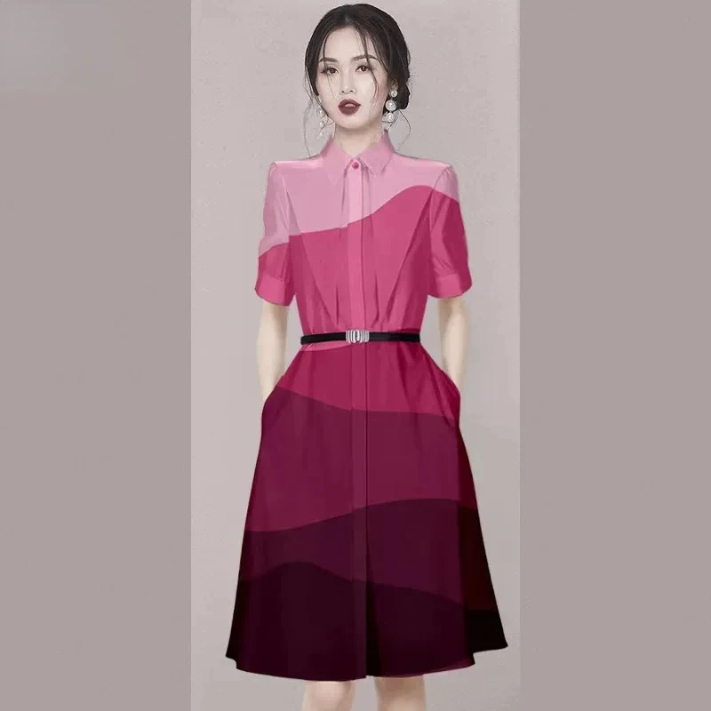 Long Dresses Summer Short Sleeve Fit Female Clothing Gradient Casual Lapel Short Sleeve Satin Knee-length Women's Dress
Long Dresses Summer Short Sleeve Fit Female Clothing Gradient Casual Lapel Short Sleeve Satin Knee-length Women's Dress