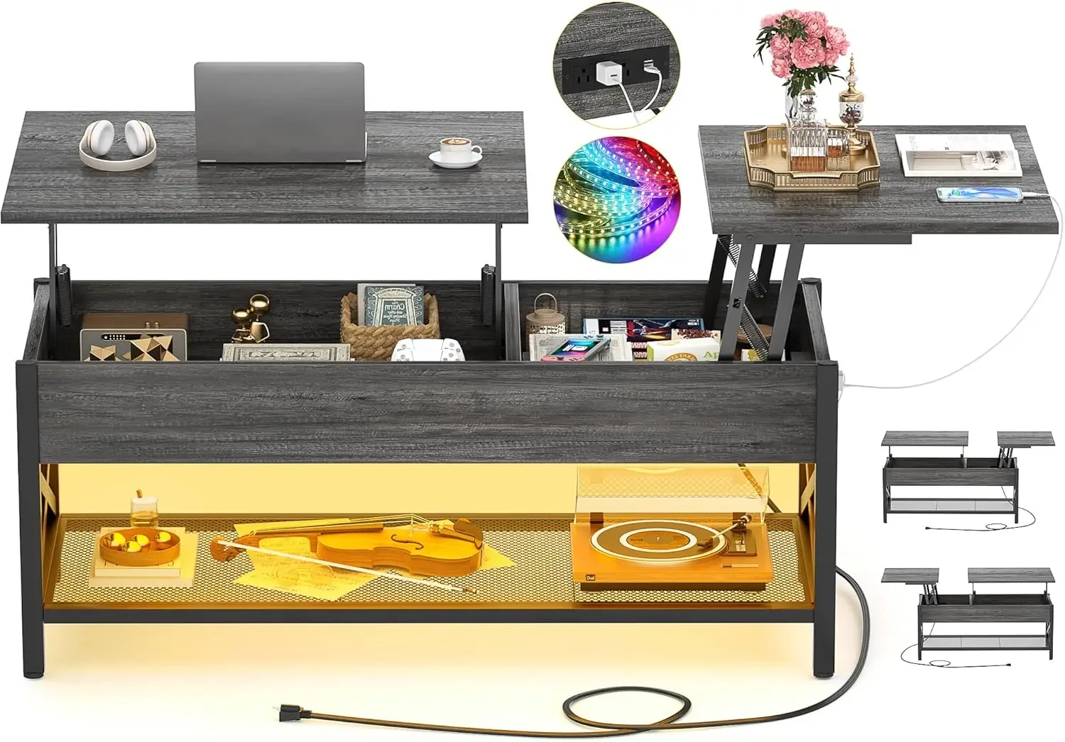 Coffee Table, Lift Top Coffee Table with Storage, LED Light & Power Outlet & Hidden Compartment, Retro Center Table ,Black Oak
Coffee Table, Lift Top Coffee Table with Storage, LED Light & Power Outlet & Hidden Compartment, Retro Center Table ,Black Oak