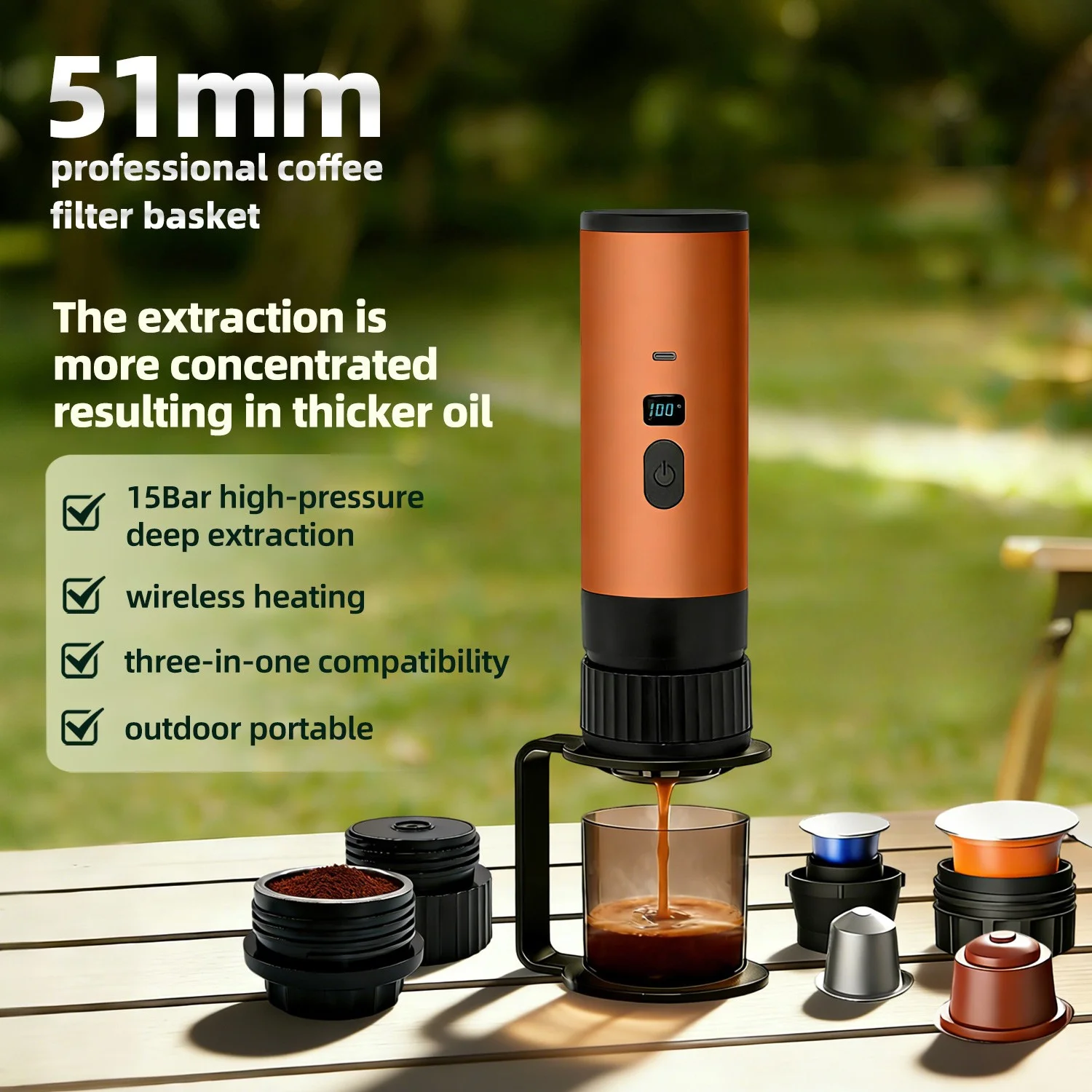 Upgrade 51mm filter Basket, Portable 3-in-1 Espresso Maker 15Bar, Rechargeable, for Nespresso/DolceGusto/Ground, Camping Travel
Upgrade 51mm filter Basket, Portable 3-in-1 Espresso Maker 15Bar, Rechargeable, for Nespresso/DolceGusto/Ground, Camping Travel