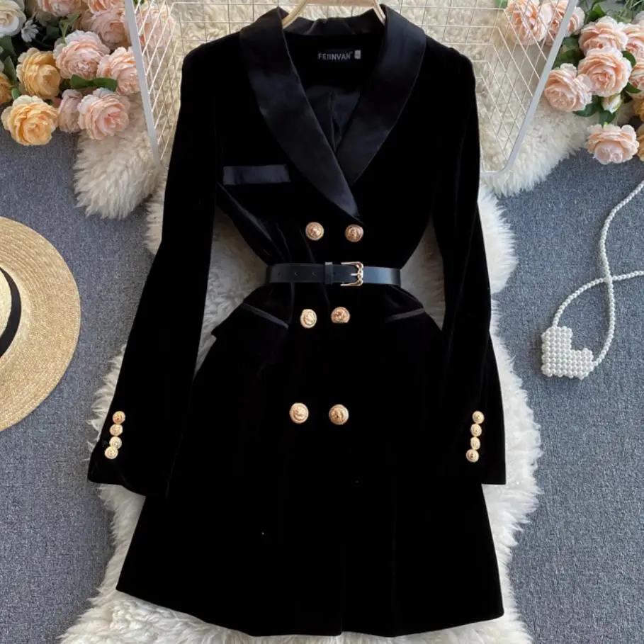Elegant Black Velvet Jacke A-Line Dress Stitching Collar Blazer Winter Women Double Breasted Dress
Elegant Black Velvet Jacke A-Line Dress Stitching Collar Blazer Winter Women Double Breasted Dress