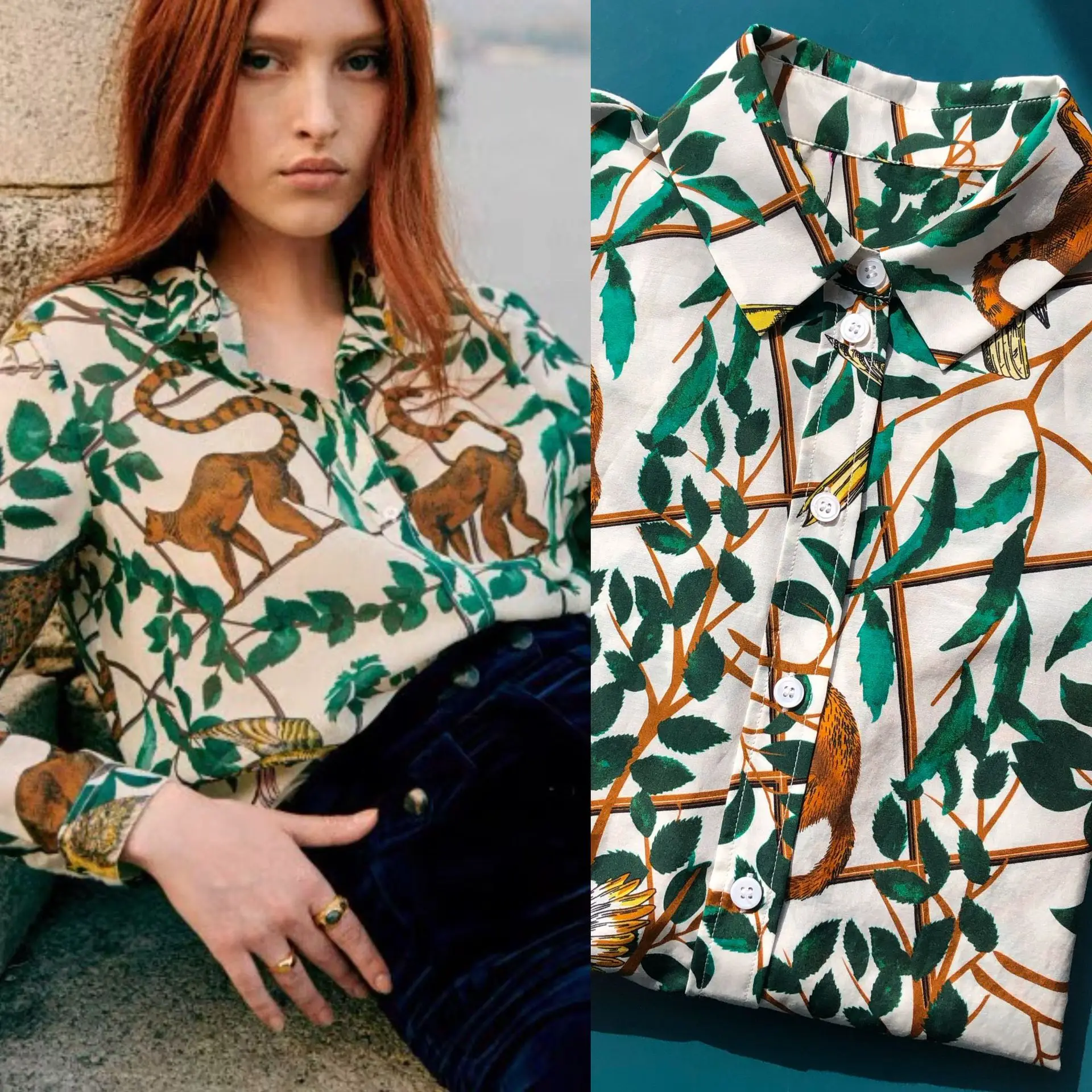 Green Jungle Animal Print · French Niche Breath Print, Light Silk Cotton Spinning Long-sleeved Lapel Shirt, 30% silk+70% cotton
Green Jungle Animal Print · French Niche Breath Print, Light Silk Cotton Spinning Long-sleeved Lapel Shirt, 30% silk+70% cotton