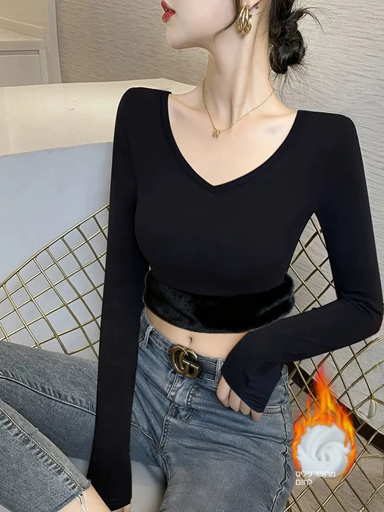 Thickened Fleece Long Sleeve V-Neck Base Shirt Women's New plus Size Warmth Inner Wear Slim Fit T-Shirt Top for Autumn Winter
Thickened Fleece Long Sleeve V-Neck Base Shirt Women's New plus Size Warmth Inner Wear Slim Fit T-Shirt Top for Autumn Winter