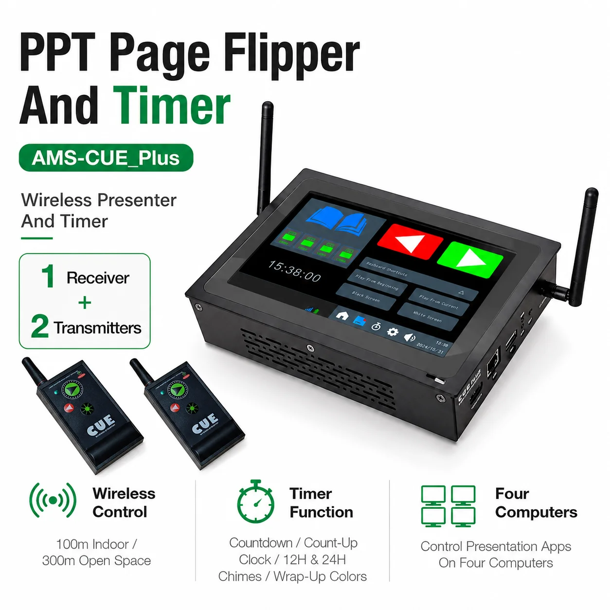 PPT Page Flipper And Timer Wireless Remote 433MHz Touchscreen 4 Computer Control 300m Green Laser Conference
PPT Page Flipper And Timer Wireless Remote 433MHz Touchscreen 4 Computer Control 300m Green Laser Conference