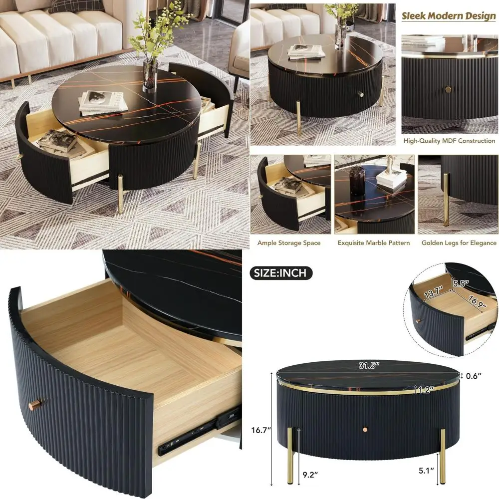 Modern Round Black and Gold Coffee Table with Drawers, Drum Style Center Table Featuring Circular Marble Top and Golden Legs
Modern Round Black and Gold Coffee Table with Drawers, Drum Style Center Table Featuring Circular Marble Top and Golden Legs