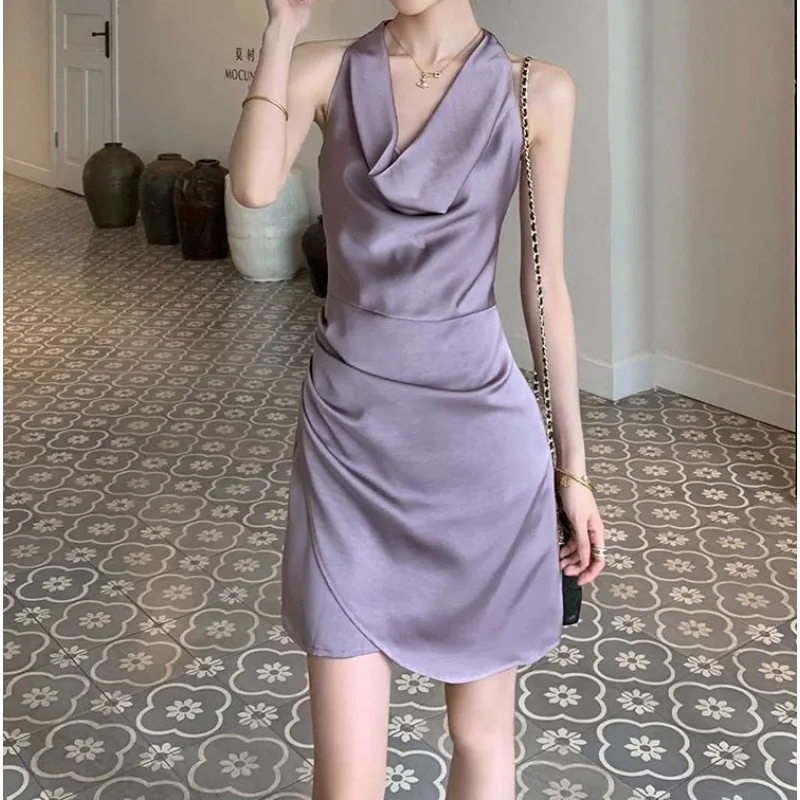 French Satin Swinging Neck Pleated Design Purple Waist Slim Neck Dress Women's Summer Temperament Slim Skirt
French Satin Swinging Neck Pleated Design Purple Waist Slim Neck Dress Women's Summer Temperament Slim Skirt