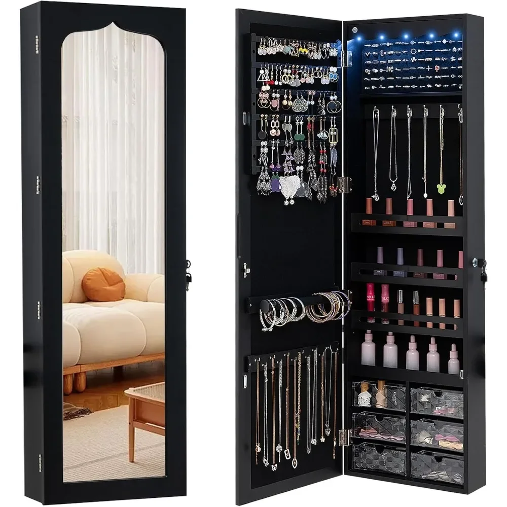 Jewelry Cabinet Armoire, Wall Mount Door Hanging, Lockable Jewelry Organizer with 47.5'' Full Length Mirror, 5 Lights,
Jewelry Cabinet Armoire, Wall Mount Door Hanging, Lockable Jewelry Organizer with 47.5'' Full Length Mirror, 5 Lights,
