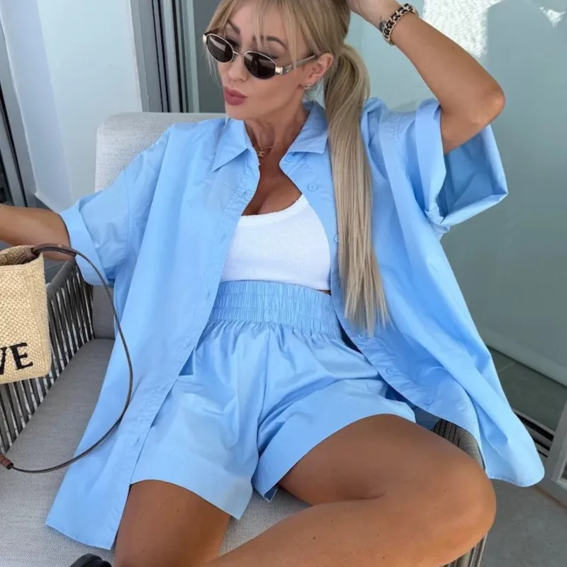 2025 Spring Summer Casual Women's Two-Piece Set Solid Color Short-Sleeve Shirt & Elastic Waist Sports Shorts
2025 Spring Summer Casual Women's Two-Piece Set Solid Color Short-Sleeve Shirt & Elastic Waist Sports Shorts