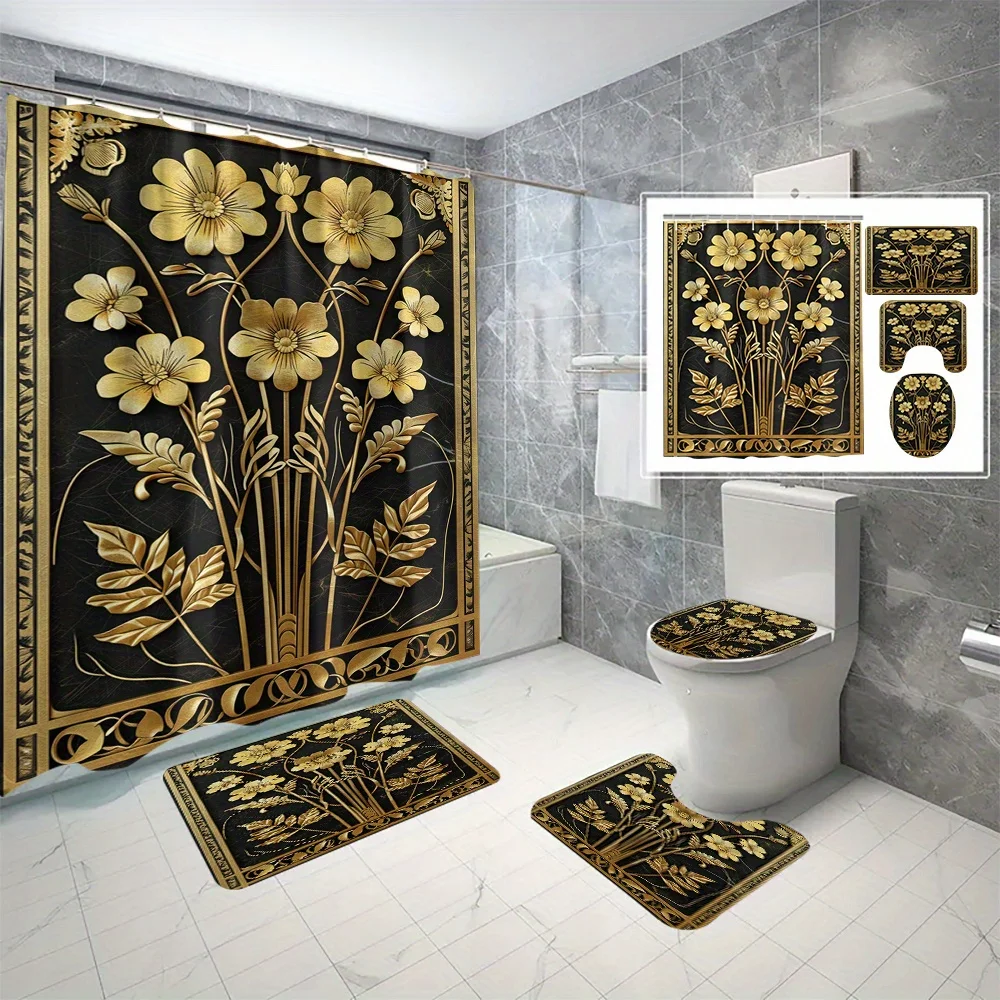4-Piece Golden Flower Digital Printed Polyester Waterproof Shower Curtain Set with Hooks - Includes Bath Mat, Toilet Seat Cover,
4-Piece Golden Flower Digital Printed Polyester Waterproof Shower Curtain Set with Hooks - Includes Bath Mat, Toilet Seat Cover,