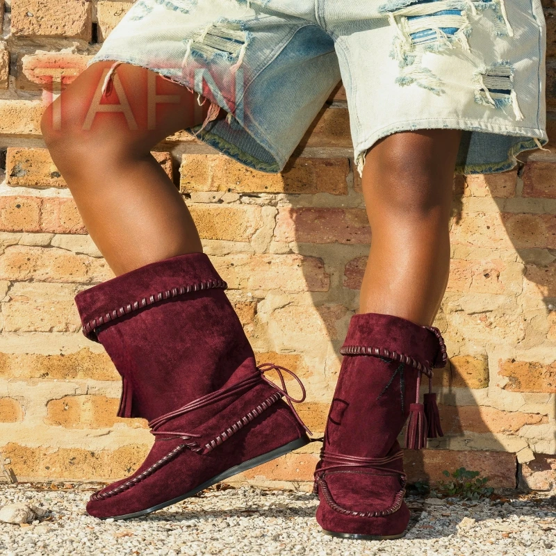 Faux Suede Lace Up Mid Calf Boots Round Toe Casual Shoes For Woman Tassel Turned-over Flat Riding Boots Autumn Women'S Shoes
Faux Suede Lace Up Mid Calf Boots Round Toe Casual Shoes For Woman Tassel Turned-over Flat Riding Boots Autumn Women'S Shoes