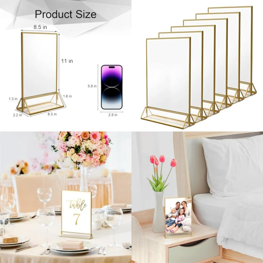 6Pack 8.5 x 11 Acrylic Sign Holder with Gold Frames and Vertical Stand, Ideal for Display Wedding Table Numbers, Double Sided Picture, Clear Photos, Menu Holders
6Pack 8.5 x 11 Acrylic Sign Holder with Gold Frames and Vertical Stand, Ideal for Display Wedding Table Numbers, Double Sided Picture, Clear Photos, Menu Holders