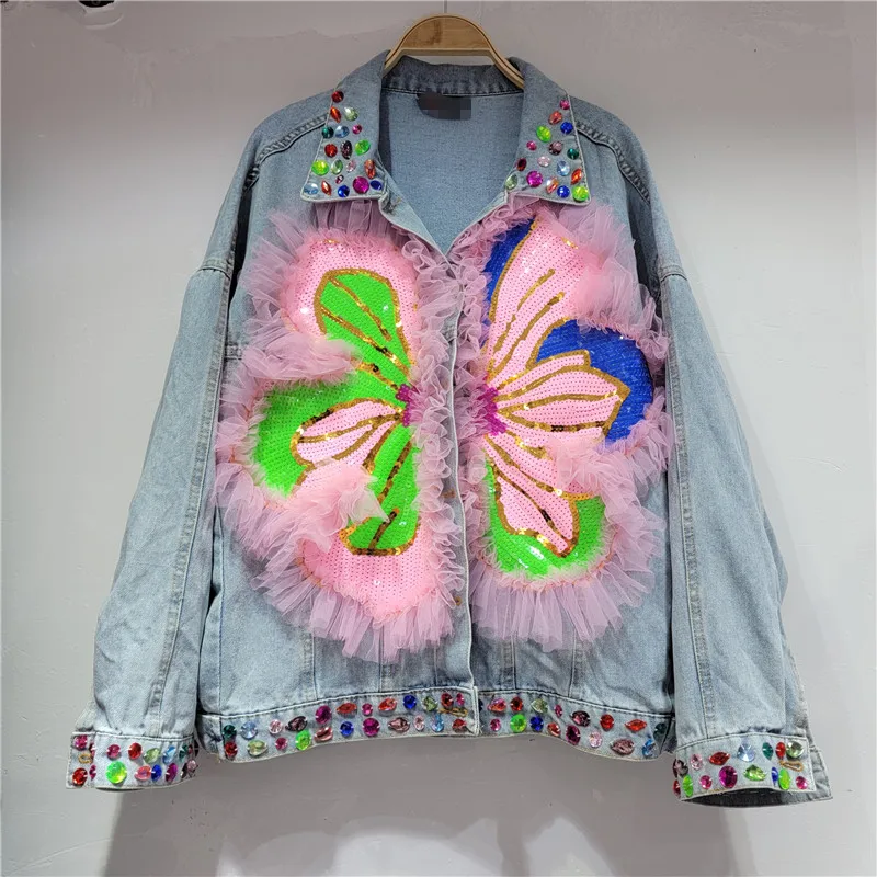 Heavy Work Diamond Sequin Flower Mesh Splicing Denim Coat Women Autumn Casual Long Sleeve Light Blue Jeans Jacket Chaqueta Mujer
Heavy Work Diamond Sequin Flower Mesh Splicing Denim Coat Women Autumn Casual Long Sleeve Light Blue Jeans Jacket Chaqueta Mujer