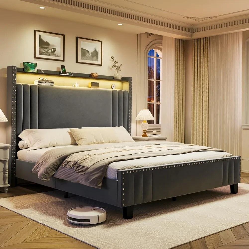King Bed Frame, Tall Headboard LED, Velvet Wingback Storage w/Charging, Tufted Platform, No Box Spring, Dark Grey
King Bed Frame, Tall Headboard LED, Velvet Wingback Storage w/Charging, Tufted Platform, No Box Spring, Dark Grey