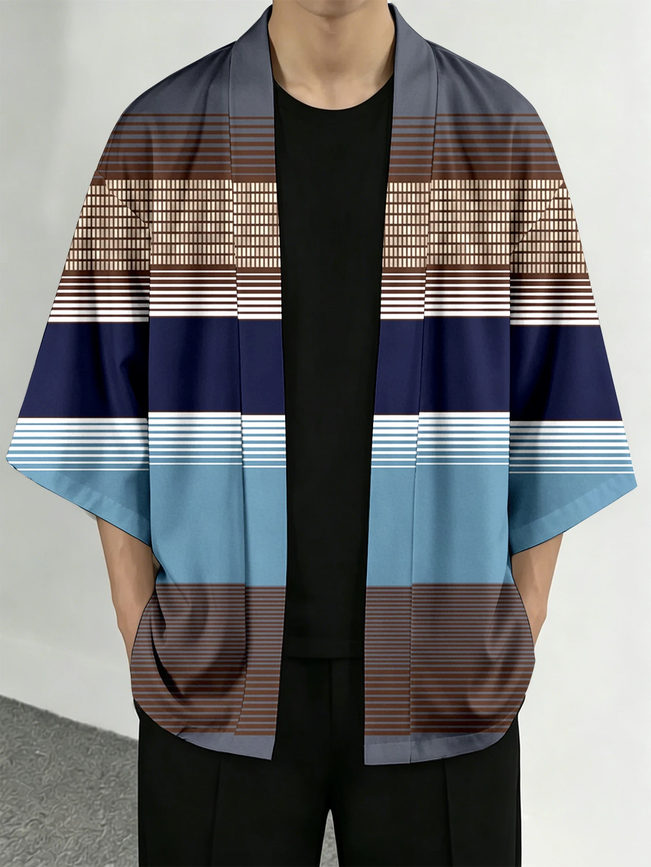 Men's casual top Modern Geometric Striped Casual Openfront top for everyday wear 3D Digital Print 100% Polyester Blue Brown Gradient Striped Printed Kimono Cardigan Fit for Spring/Summer Resort and Street Fashion Apparel
Men's casual top Modern Geometric Striped Casual Openfront top for everyday wear 3D Digital Print 100% Polyester Blue Brown Gradient Striped Printed Kimono Cardigan Fit for Spring/Summer Resort and Street Fashion Apparel