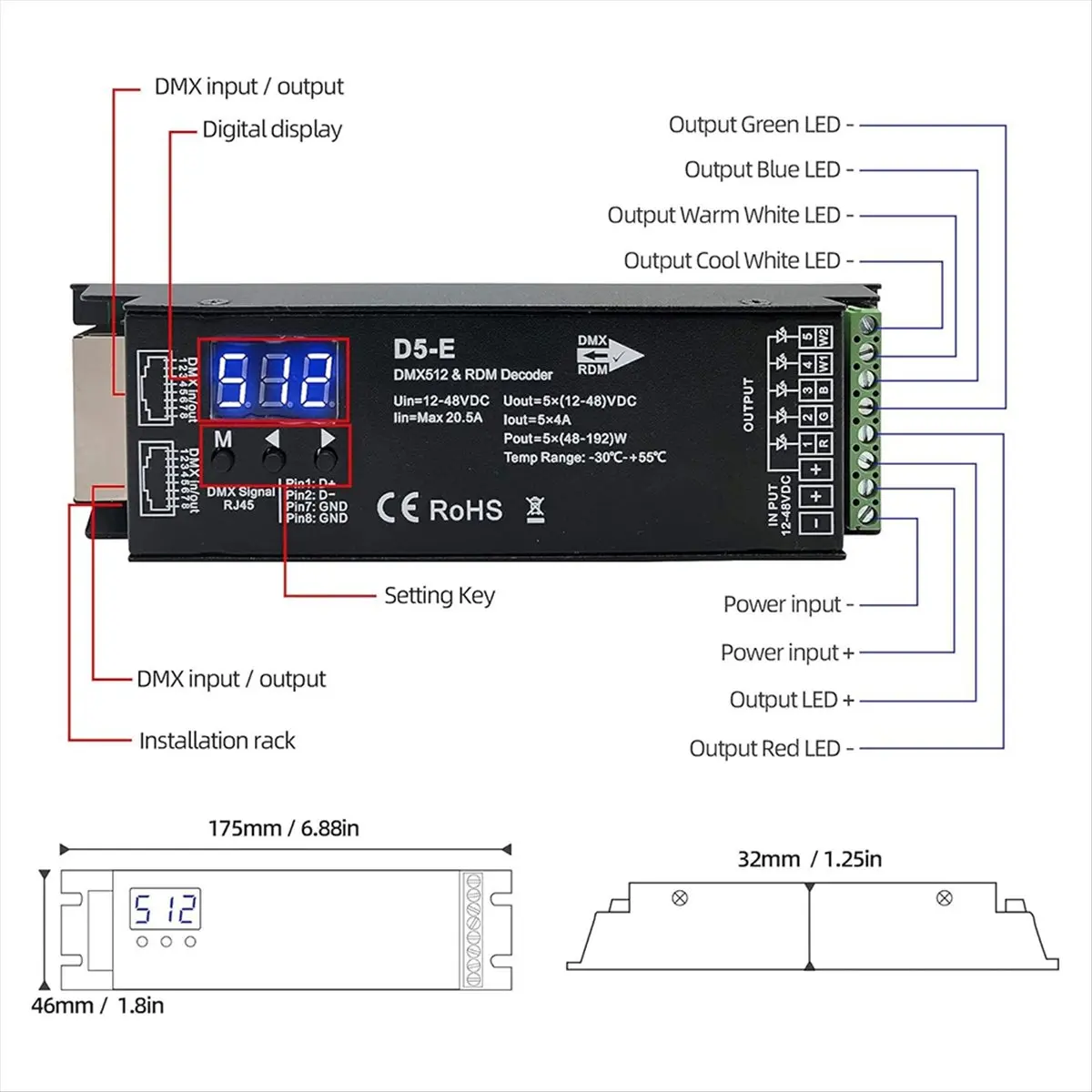 *X07A 5 Channel DMX Decoder with RDM Digital Display,DMX512 Dimmer Driver PWM RGBCCT LED Controller for RGBWW RGBW Lightstrip
*X07A 5 Channel DMX Decoder with RDM Digital Display,DMX512 Dimmer Driver PWM RGBCCT LED Controller for RGBWW RGBW Lightstrip