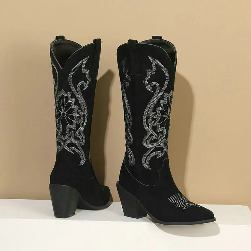 2023 Women Knee High Boots Pointed Toe Square Heel Ladies Calf Boots PU Leather Embroidery Slip on Women's Boots Black Blue Brow
2023 Women Knee High Boots Pointed Toe Square Heel Ladies Calf Boots PU Leather Embroidery Slip on Women's Boots Black Blue Brow