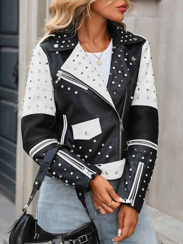 New Spring Autumn Women Street Rivet Black White Faux Leather Jacket Moto Biker Punk Belt Coat Outwear 2025
New Spring Autumn Women Street Rivet Black White Faux Leather Jacket Moto Biker Punk Belt Coat Outwear 2025