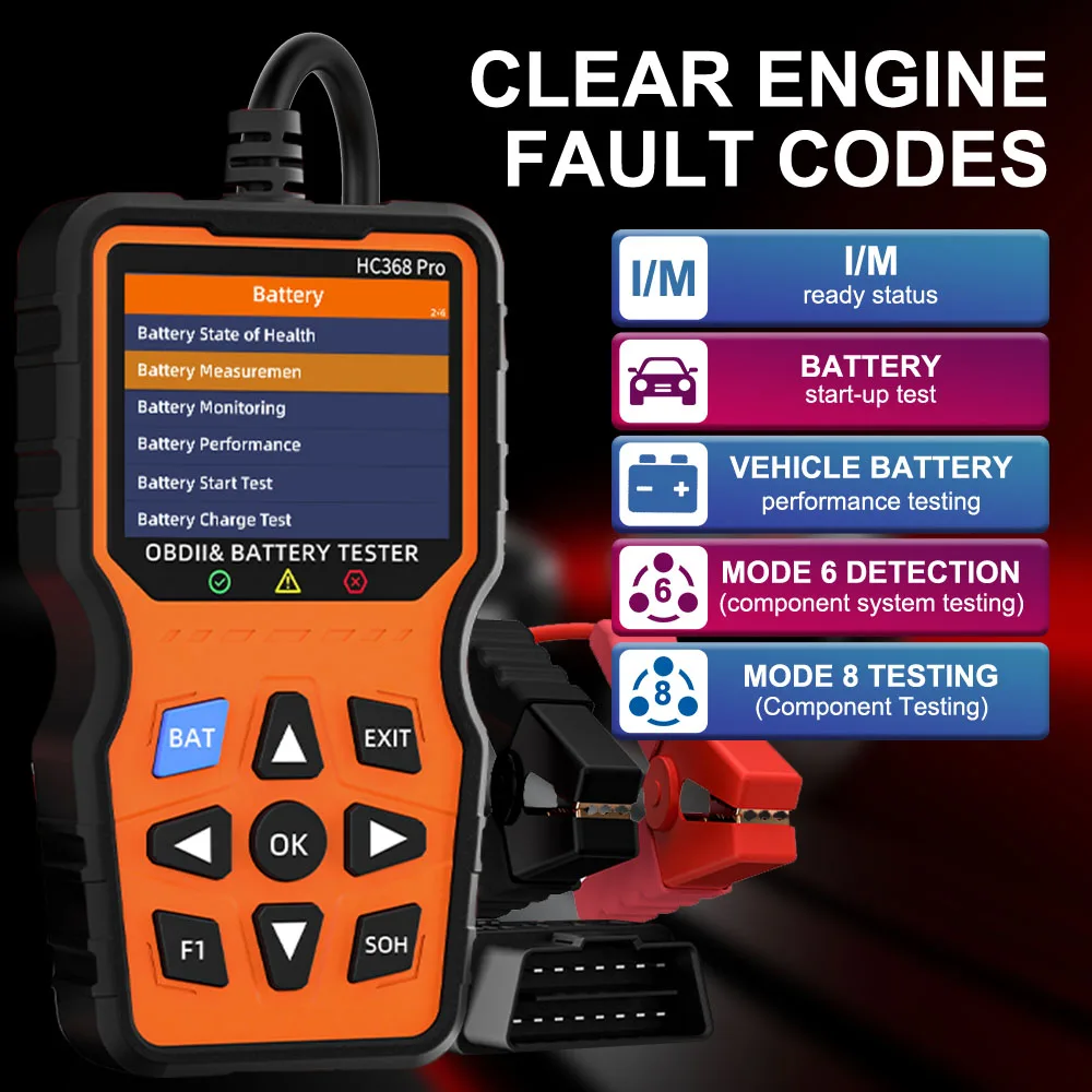 HC368 Pro Car Battery Tester OBD II Scanner Fault Code Reader, Check Engine System
HC368 Pro Car Battery Tester OBD II Scanner Fault Code Reader, Check Engine System