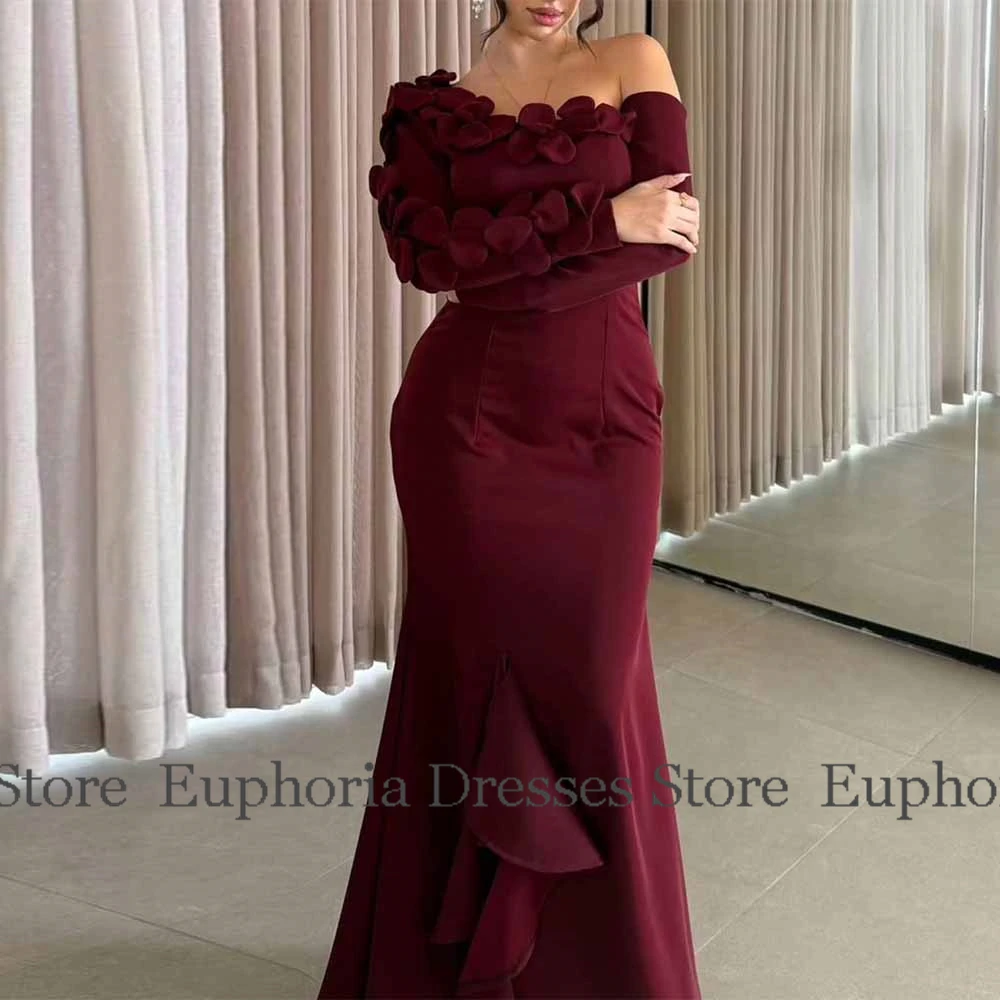 Формальные женские вечерние бальные платья из креповой ткани, платье русалки на день Святого Валентина, бордовое платье для выпускного вечера с открытыми плечами и аппликацией, длинное