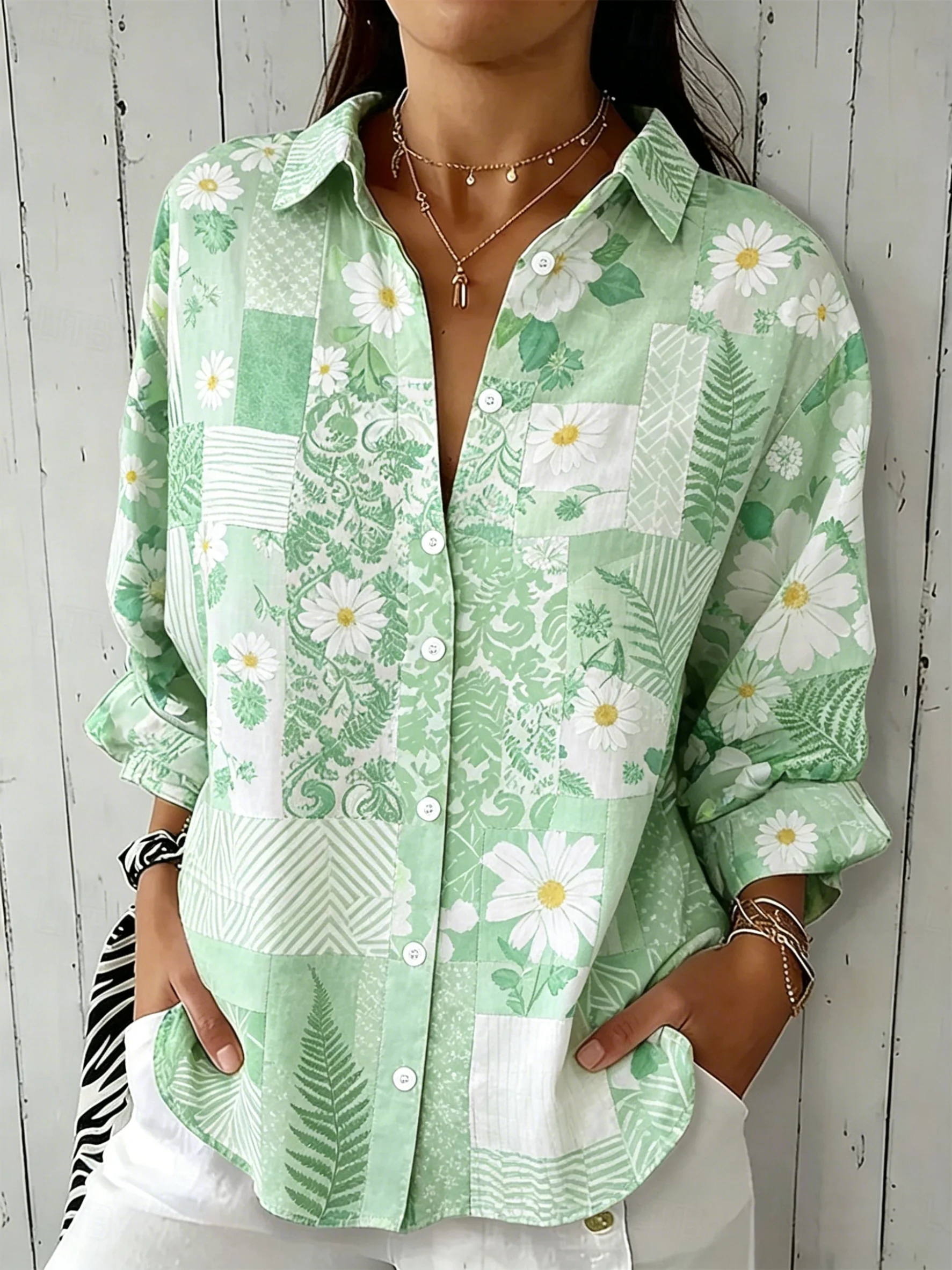 Women's Long Sleeve Daisy Patchwork Print Button Down Casual Shirt Elegant Daily Blouse Tops in Green for Spring Summer
Women's Long Sleeve Daisy Patchwork Print Button Down Casual Shirt Elegant Daily Blouse Tops in Green for Spring Summer