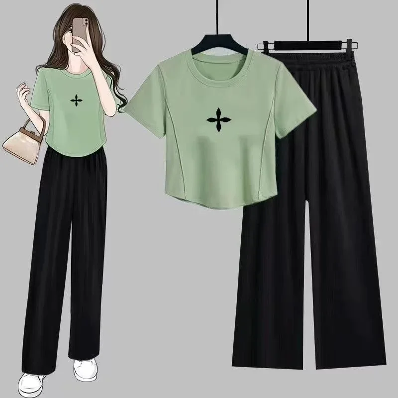 Women's Korean Version Suit For Girl Slimming Of Irregular T-shirt Summer New Short Crop Tops And Wide Leg Pants 2 Two Piece Set
Women's Korean Version Suit For Girl Slimming Of Irregular T-shirt Summer New Short Crop Tops And Wide Leg Pants 2 Two Piece Set