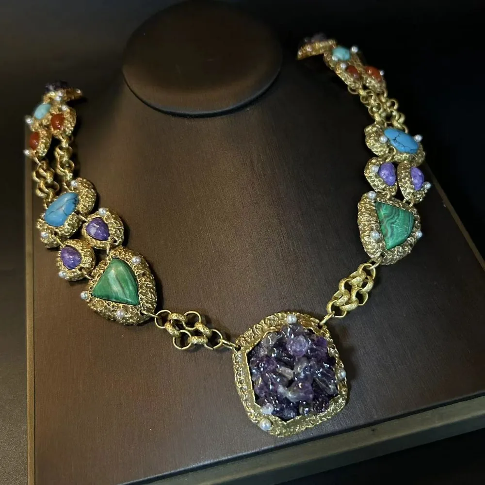 Medieval Retro Heavy Industry Natural Stone Old Necklace Earring Design Raw Amethyst Stone Turquoise Tassel Earrings Set Engravi
Medieval Retro Heavy Industry Natural Stone Old Necklace Earring Design Raw Amethyst Stone Turquoise Tassel Earrings Set Engravi