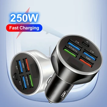 차량용 고속 충전 USB C 휴대폰 충전기, 아이폰 15, 삼성, 샤오미, 화웨이, PD 타입 C 미니 어댑터, 250W, 5 포트