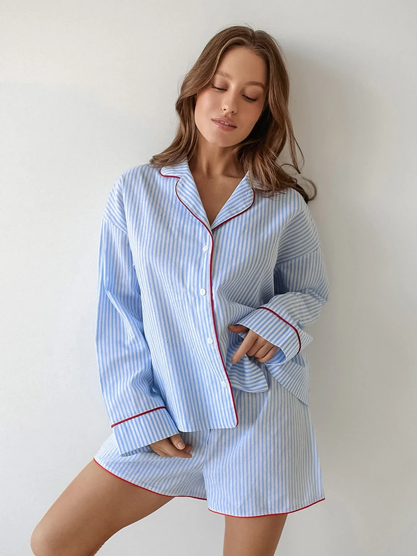 Marthaqiqi Striped Women Nightwear Suit Sexy Turn-Down Collar Sleepwear Long Sleeve Nightgowns Shorts Cotton Ladies Home Clothes
Marthaqiqi Striped Women Nightwear Suit Sexy Turn-Down Collar Sleepwear Long Sleeve Nightgowns Shorts Cotton Ladies Home Clothes