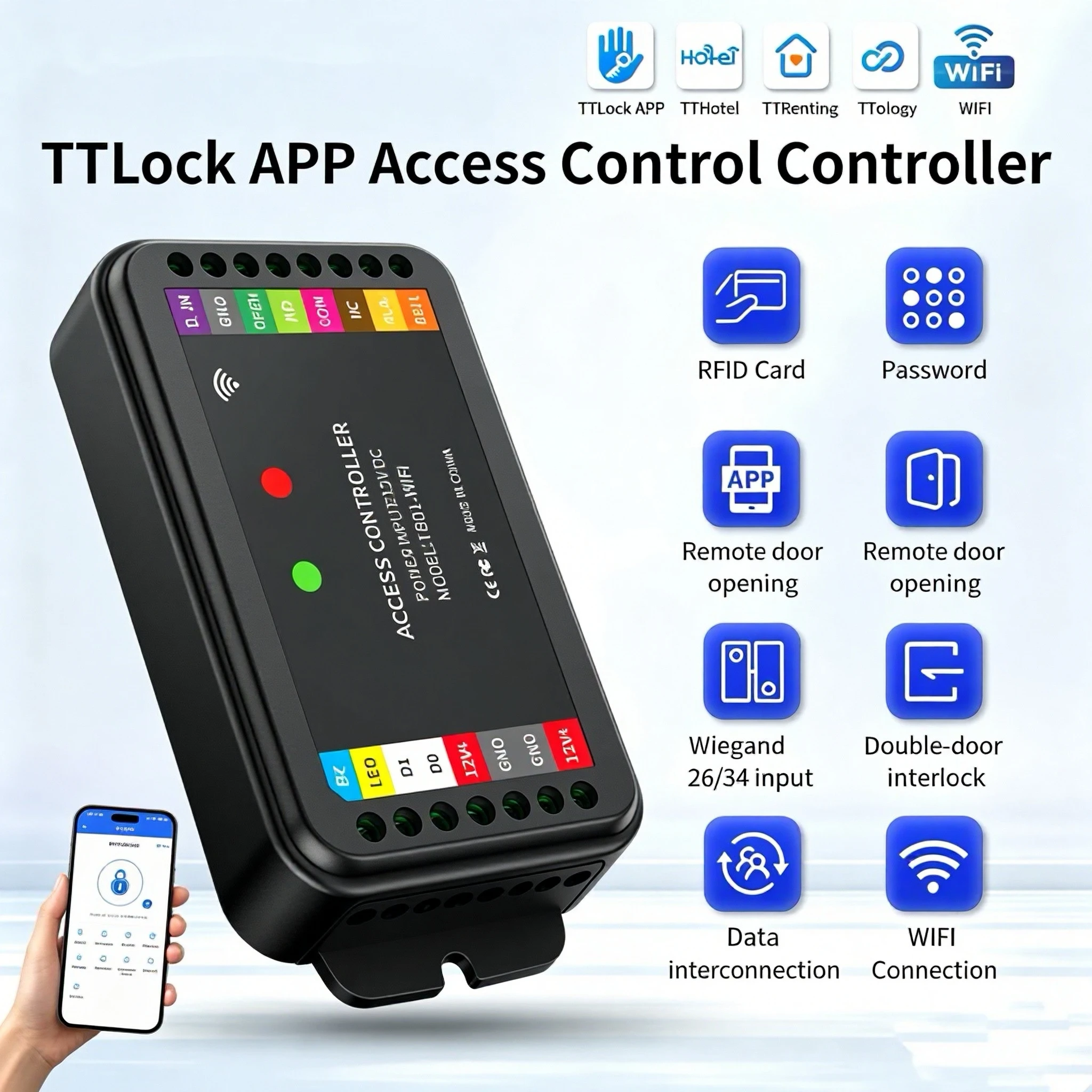 Dual Frequency Access Control Controller Smart TTLOCK APP Remote Unlocking Support 2-Door Interlock Wiegand Input Relay Output
Dual Frequency Access Control Controller Smart TTLOCK APP Remote Unlocking Support 2-Door Interlock Wiegand Input Relay Output