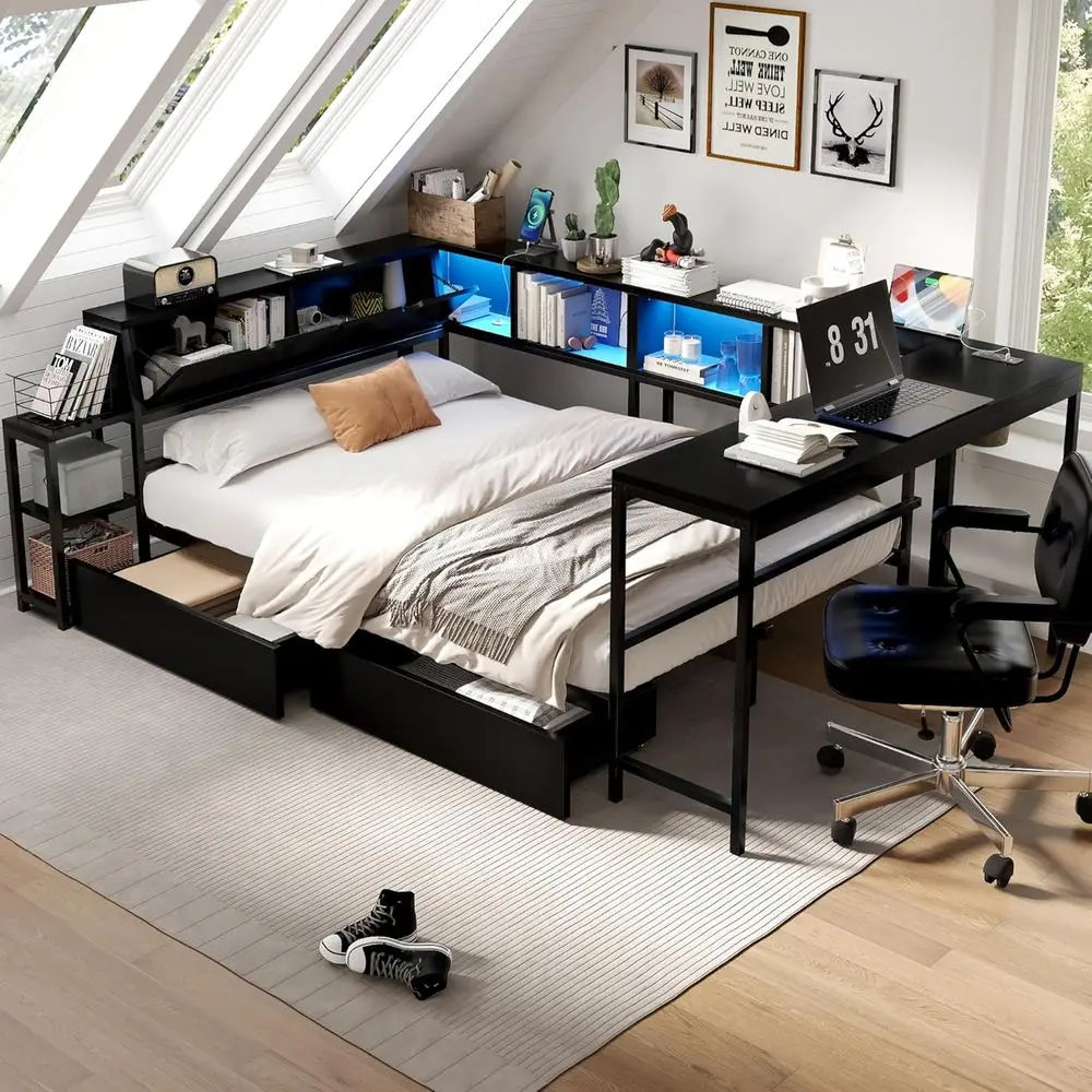 Full Size Daybed with Storage Drawers, Bookcase, LED Lights, Metal L-Shaped Bed with Desk, USB Ports, Metal Slat Support, Black
Full Size Daybed with Storage Drawers, Bookcase, LED Lights, Metal L-Shaped Bed with Desk, USB Ports, Metal Slat Support, Black