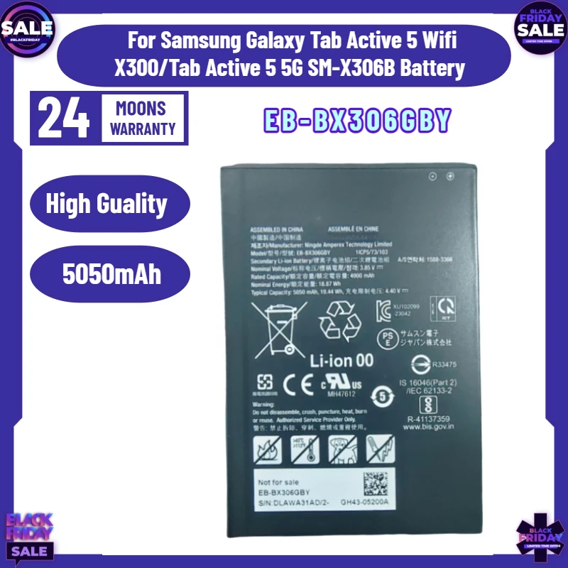 5050mAh EB-BX306GBY Battery for Samsung Galaxy Tab Active 5 Wifi X300/Tab Active 5 5G SM-X306B Battery
5050mAh EB-BX306GBY Battery for Samsung Galaxy Tab Active 5 Wifi X300/Tab Active 5 5G SM-X306B Battery