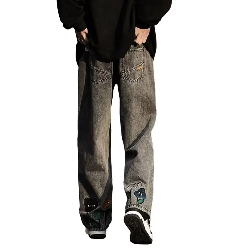 Zipper Closure Denim Pants Streetwear Men's Wide Leg Jeans with Cartoon Floral Embroidery Elastic Waist Deep for Fashionable
Zipper Closure Denim Pants Streetwear Men's Wide Leg Jeans with Cartoon Floral Embroidery Elastic Waist Deep for Fashionable