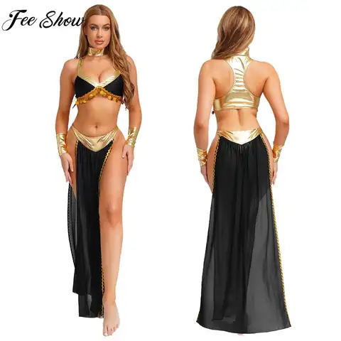 Frauen Halloween Kleopatra Alte Ägyptische Königin Sonnengöttinnen Cosplay Kostüm Crop Top mit Rock Halsband Manschetten Bauchtanz Set