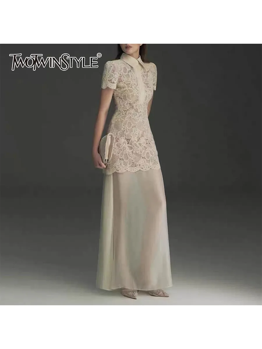 TWOTWINSTYLE Patchwork Lace Dresses for Women Lapel Short Sleeve High Waist Slimming Sheer Long Dress Female Fashion Clothing
TWOTWINSTYLE Patchwork Lace Dresses for Women Lapel Short Sleeve High Waist Slimming Sheer Long Dress Female Fashion Clothing