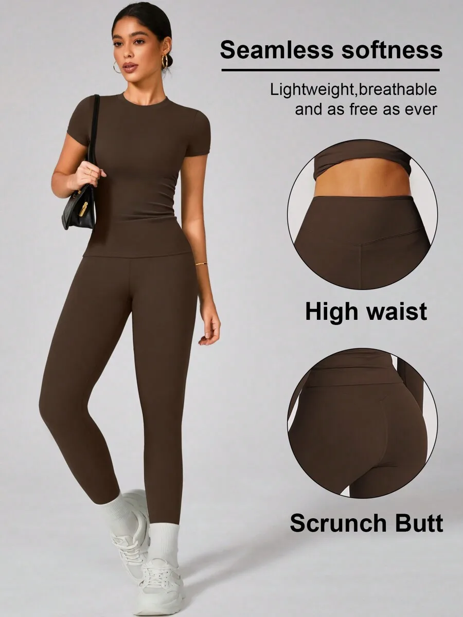 2pcs Set Women Soft Moisture Wicking Crew Neck Short Sleeve Top And Stretch Yoga Pants Brown
2pcs Set Women Soft Moisture Wicking Crew Neck Short Sleeve Top And Stretch Yoga Pants Brown